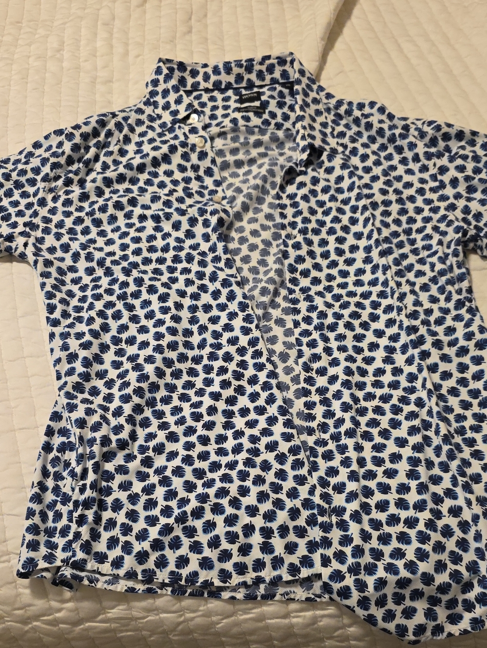 Boss White Long-Sleeve Button-Down with Blue Leaf Print